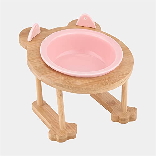 Keramik Welpe Katze Hund Hundeschüssel Einzelne und doppelte Lebensmittelschüssel zum Essen und Trinken mit Holzrahmen Haustiere liefert (Color : Pink 1 Bowl Set) von Chenran