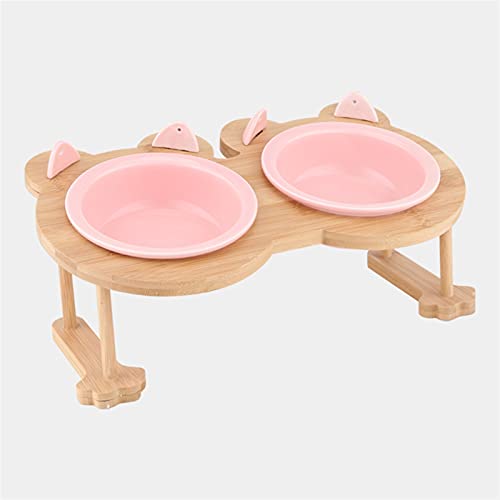 Keramik Welpe Katze Hund Hundeschüssel Einzelne und doppelte Lebensmittelschüssel zum Essen und Trinken mit Holzrahmen Haustiere liefert (Color : Pink 2 Bowls Set) von Chenran