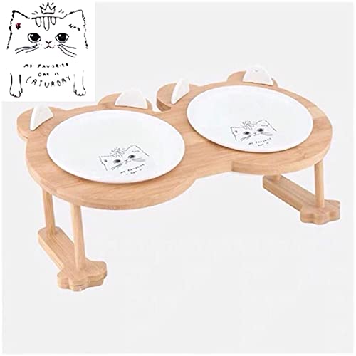 Keramik Welpe Katze Hund Hundeschüssel Einzelne und doppelte Lebensmittelschüssel zum Essen und Trinken mit Holzrahmen Haustiere liefert (Color : White cat 2 Bowl Set) von Chenran