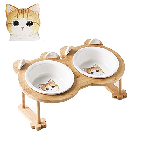 Keramik Welpe Katze Hund Hundeschüssel Einzelne und doppelte Lebensmittelschüssel zum Essen und Trinken mit Holzrahmen Haustiere liefert (Color : Yellowcat 2 Bowl Set) von Chenran