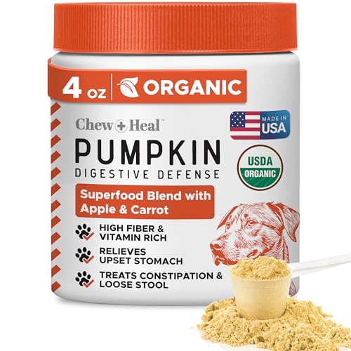 Bio-Kürbispulver für Hunde – 110 g Pulver für die Verdauung von Hunden mit 5 cc Schaufel – hergestellt mit Kürbis, Apfel und Karotten von Chew + Heal Labs