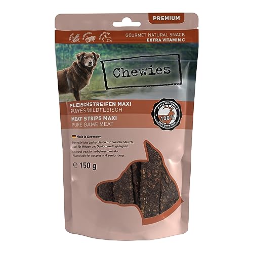 Chewies Fleischstreifen MAXI Hundeleckerli aus 100% Wildfleisch - 150g - Fleischstreifen MAXI für Hunde - getrocknete Wild Kaustreifen für Hunde - zuckerfrei & getreidefrei- Dörrfleisch von Wildtieren von Chewies