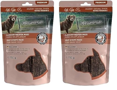 Chewies Fleischstreifen MAXI Hundeleckerli aus 100% Wildfleisch - 150g - Fleischstreifen MAXI für Hunde - getrocknete Wild Kaustreifen für Hunde - zuckerfrei & getreidefrei- Dörrfleisch von Wildtieren von Chewies