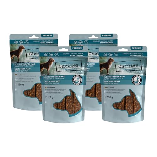 Chewies Fleischstreifen Maxi Hundeleckerli aus 100% Entenfleisch - 4 x 150 g - luftgetrocknete Enten Kaustreifen für Hunde - zuckerfrei & getreidefrei - Dörrfleisch von der Ente von Chewies