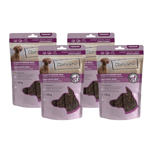 Chewies Fleischstreifen Maxi Hundeleckerli aus 100% Kängurufleisch - 4 x 150 g - luftgetrocknete Känguru Kaustreifen für Hunde - zuckerfrei & getreidefrei - Dörrfleisch vom Känguru von Chewies