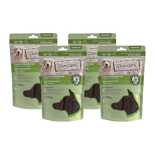 Chewies Fleischstreifen Maxi Hundeleckerli aus 100% Kaninchenfleisch - 4 x 150 g - luftgetrocknete Kaninchen Kaustreifen für Hunde - zuckerfrei & getreidefrei - Dörrfleisch vom Kaninchen von Chewies