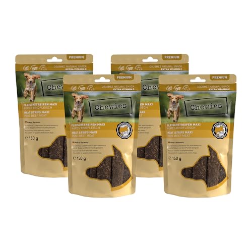 Chewies Fleischstreifen Maxi Hundeleckerli aus 100% Rindfleisch - 4 x 150 g - luftgetrocknete Rinder Kaustreifen für Hunde - zuckerfrei & getreidefrei - Dörrfleisch vom Rind von Chewies