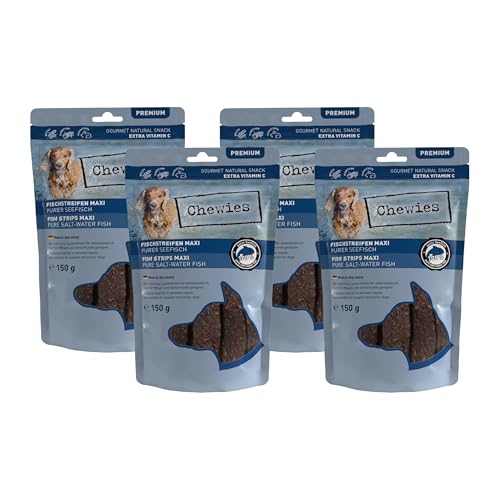 Chewies Fleischstreifen Maxi Hundeleckerli aus 100% Seefisch - 4 x 150 g - luftgetrocknete Fisch Kaustreifen für Hunde - natürlich & getreidefrei - Dörrfisch von Chewies