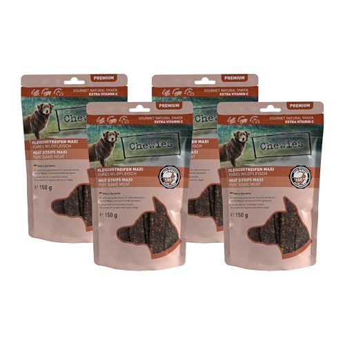 Chewies Fleischstreifen Maxi Hundeleckerli aus 100% Wildfleisch - 4 x 150 g - luftgetrocknete Wild Kaustreifen für Hunde - zuckerfrei & getreidefrei - Dörrfleisch vom Wild von Chewies