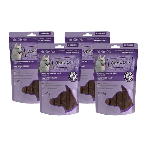 Chewies Fleischstreifen Maxi Hundeleckerli aus 100% Ziegenfleisch - 4 x 150 g - luftgetrocknete Ziegen Kaustreifen für Hunde - zuckerfrei & getreidefrei - Dörrfleisch von der Ziege von Chewies