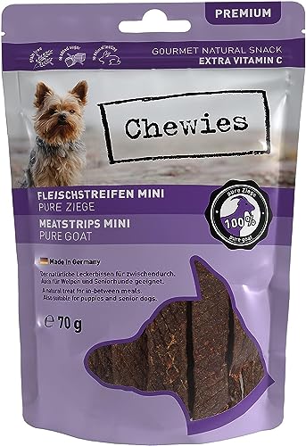 Chewies Fleischstreifen Mini aus 100% Ziege - 70 g - Fleischstreifen für Hunde - getrocknete Ziegenfleisch Kaustreifen - hypoallergen & getreidefrei - Dörrfleisch von der Ziege von Chewies