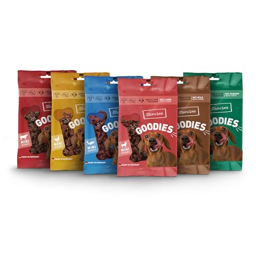Chewies Hundeleckerli Mix - 6 x 125 g - Rind, Pansen, Geflügel, Lamm, Wild & Lachs Knöchelchen - Hundesnacks zuckerfrei & mit hohem Fleischanteil (750 g) von Chewies