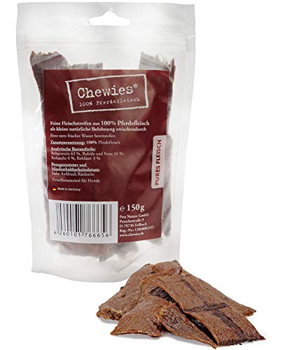 Chewies Hundesnack aus 100 % Pferd - 4 x 150 g - Fleischstreifen für Hunde - getrocknete Pferdefleisch Kaustreifen - hypoallergen & getreidefrei - Dörrfleisch vom Pferd (600 g) von Chewies