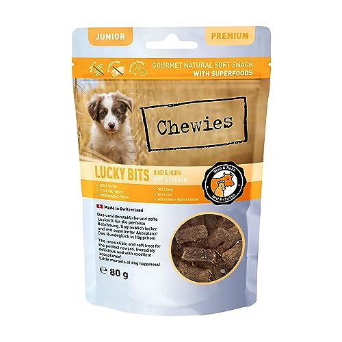 Chewies Lucky Bits Rind & Huhn Junior Hundeleckerli für Welpen - Hundeleckerlis getreidefrei & Soft mit viel Protein und Superfoods wie Bierhefe oder Ginkgo, ohne Zucker (80 g) von Chewies