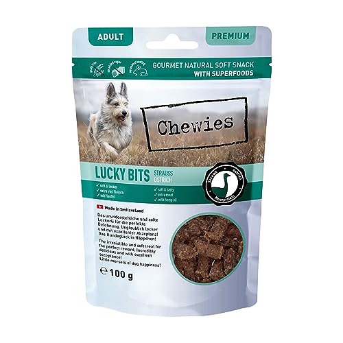 Chewies Lucky Bits Strauß Adult Hundeleckerli - Hunde-Leckerlis getreidefrei & Soft mit viel Protein und Superfoods wie Bierhefe oder Ginkgo, ohne Zucker (100 g) von Chewies