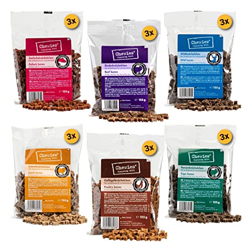 Chewies Hundeleckerli Mix-Paket, Training Mini Knöchelchen 18 x 125 g für Hunde - Rind, Pansen, Geflügel, Lamm, Wild & Lachs Trainings-Leckerli - Hundesnacks zuckerfrei & mit hohem Fleischanteil von Chewies