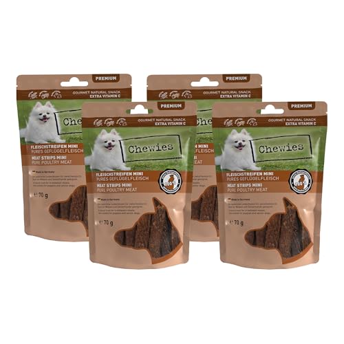 Fleischstreifen MINI Hundeleckerli aus 100% Geflügelfleisch - 4 x 70 g - Snack für kleine Hunde - luftgetrocknete Geflügel Kaustreifen - hypoallergen & getreidefrei - Geflügel Dörrfleisch von Chewies