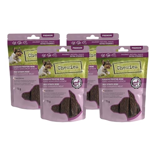 Fleischstreifen MINI Hundeleckerli aus 100% Kängurufleisch - 4 x 70 g - Snack für kleine Hunde - luftgetrocknete Känguru Kaustreifen - hypoallergen & getreidefrei - Dörrfleisch vom Känguru von Chewies