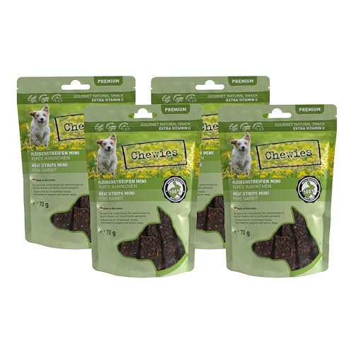 Fleischstreifen MINI Hundeleckerli aus 100% Kaninchenfleisch - 4 x 70 g - Snack für kleine Hunde - luftgetrocknete Kaninchen Kaustreifen - hypoallergen & getreidefrei - Dörrfleisch vom Kaninchen von Chewies
