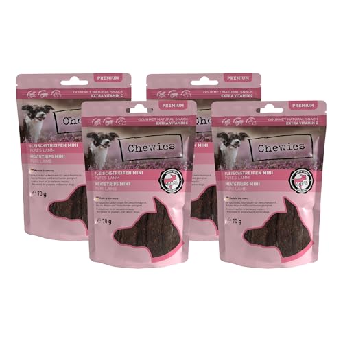 Fleischstreifen MINI Hundeleckerli aus 100% Lammfleisch - 4 x 70 g - Snack für kleine Hunde - luftgetrocknete Lamm Kaustreifen - hypoallergen & getreidefrei - Dörrfleisch vom Lamm von Chewies