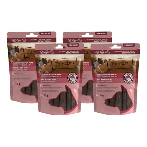 Fleischstreifen MINI Hundeleckerli aus 100% Pferdefleisch - 4 x 70 g - Snack für kleine Hunde - luftgetrocknete Pferde Kaustreifen - hypoallergen & getreidefrei - Dörrfleisch vom Pferd von Chewies