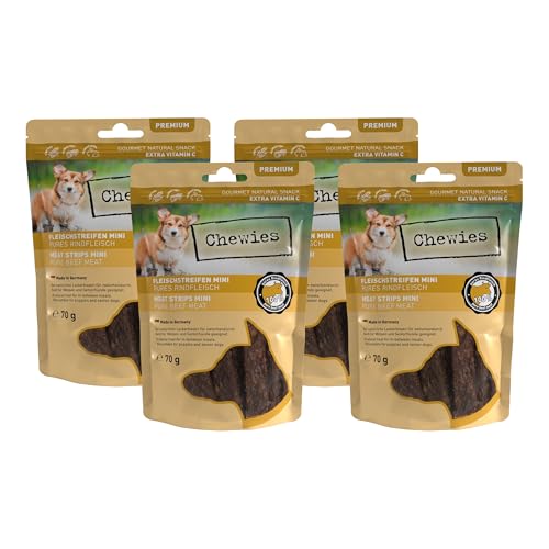 Fleischstreifen MINI Hundeleckerli aus 100% Rindfleisch - 4 x 70 g - Snack für kleine Hunde - luftgetrocknete Rinder Kaustreifen - hypoallergen & getreidefrei - Dörrfleisch vom Rind von Chewies