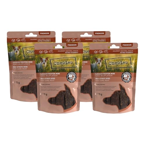 Fleischstreifen MINI Hundeleckerli aus 100% Wildfleisch - 4 x 70 g - Snack für kleine Hunde - luftgetrocknete Wild Kaustreifen - hypoallergen & getreidefrei - Dörrfleisch vom Wild von Chewies