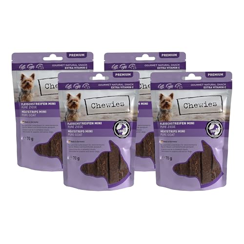 Fleischstreifen MINI Hundeleckerli aus 100% Ziege - 4 x 70 g - Snack für Hunde - luftgetrocknete Ziegenfleisch Kaustreifen - hypoallergen & getreidefrei - Dörrfleisch von der Ziege von Chewies