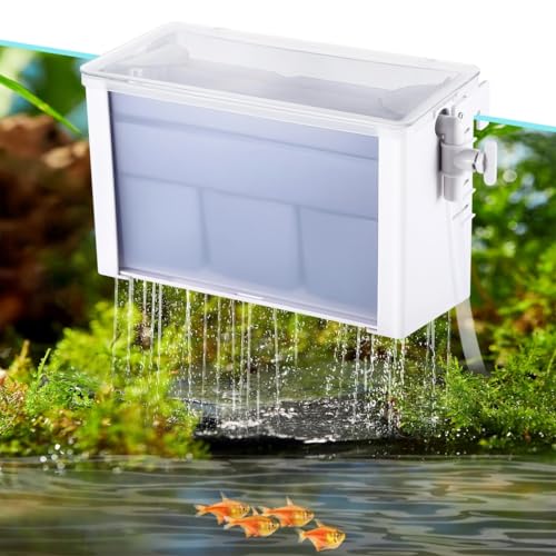 Chewtoyo Filterbox für Aquarium mit 3-lagiger Wasserfall-Durchflussfiltration, super geräuscharm 25 dB, Aquarium-Brunnenfilter für physikalische/chemische/biologische Filtermedien von Chewtoyo