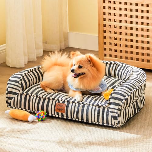 ChiXnuggle Niedliches Hundebett für mittelgroße Hunde, wasserdichtes gestreiftes Haustierbett aus Segeltuch, mit waschbarem, abnehmbarem, waschbarem Bezug, 71,1 x 58,4 x 16,5 cm von ChiXnuggle