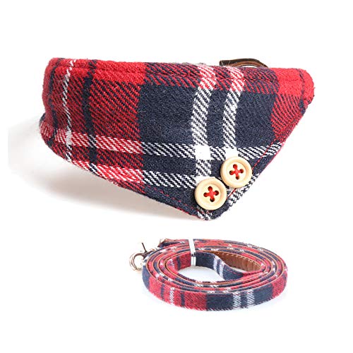 Chiatai Hundehalsband mit Kopftuch oder Fliege, verstellbares Karo-Kopftuch-Set Schal-Zubehör für kleine mittelgroße große Hundekatzen Schwarzer roter Karierter Schal + Leine, S. von Chiatai