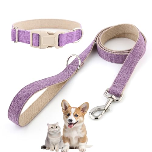 Hundehalsband und Leine aus Baumwollhanf, verstellbares Halsband für kleine, mittelgroße und große Hunde, strapazierfähig und weich auf der Haut, Grau kariert (Lila, L) von Chichenshangwu