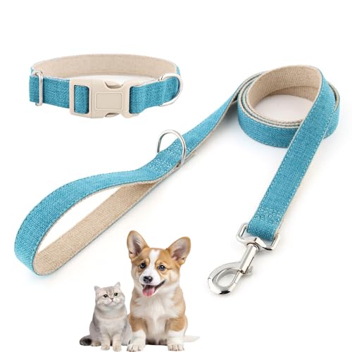 Hundehalsband und Leine aus Baumwollhanf, verstellbares Halsband für kleine, mittelgroße und große Hunde, strapazierfähig und weich auf der Haut, Grau kariert (Pfauenblau, XL) von Chichenshangwu