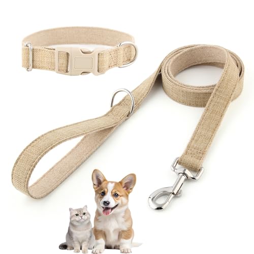 Hundehalsband und Leine aus Baumwollhanf, verstellbares Halsband für kleine, mittelgroße und große Hunde, strapazierfähig und weich auf der Haut, graues Karomuster (Beige, XL) von Chichenshangwu