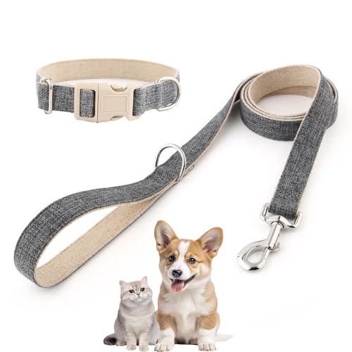 Hundehalsband und Leine aus Baumwollhanf, verstellbares Halsband für kleine, mittelgroße und große Hunde, strapazierfähig und weich auf der Haut, graues Karomuster (Grau, L) von Chichenshangwu