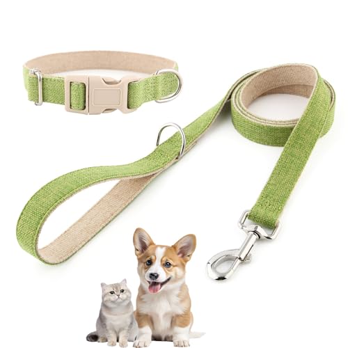 Hundehalsband und Leine aus Baumwollhanf, verstellbares Halsband für kleine, mittelgroße und große Hunde, strapazierfähig und weich auf der Haut, graues Karomuster (Grün, M) von Chichenshangwu