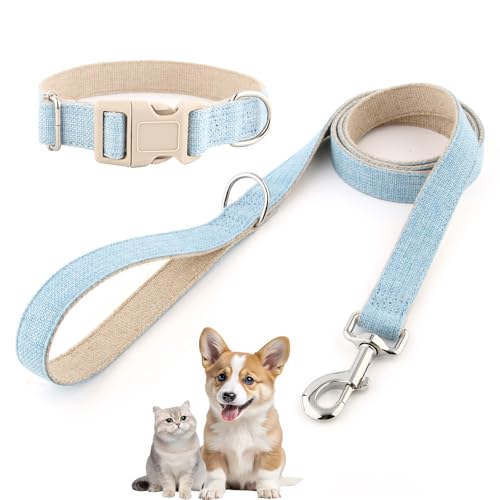 Hundehalsband und Leine aus Baumwollhanf, verstellbares Halsband für kleine, mittelgroße und große Hunde, strapazierfähig und weich auf der Haut, graues Karomuster (Hellblau, M) von Chichenshangwu