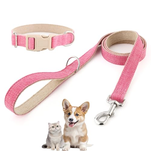Hundehalsband und Leine aus Baumwollhanf, verstellbares Halsband für kleine, mittelgroße und große Hunde, strapazierfähig und weich auf der Haut, graues Karomuster (Rosa, M) von Chichenshangwu