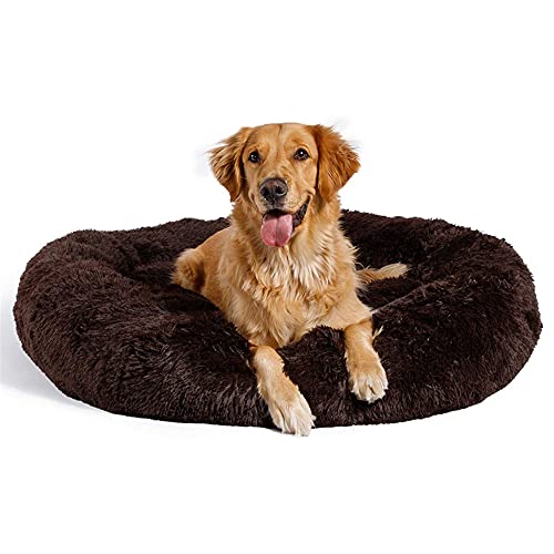 Chickwin Rund Hundebett für Hunde und Katzen, Warm Weich Katzenbett Donut Plüsches Bett, Waschbar rutschfest Base Haustierbett für Kleine, Mittelgroße und Große Hunde (120CM,Braun) von Chickwing