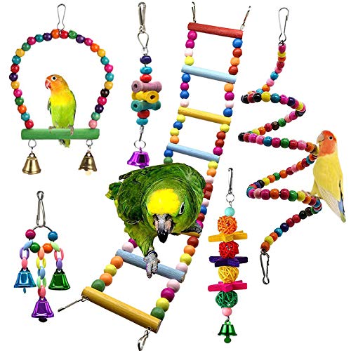 Chikanb 6 Stück Papageien-Kauspielzeug Set, Vögel Spielzeug Holz Sitzstangen Plattform, Colorful Sittich Glocken Spielzeug für Vogelkäfig, Wellensittich, Myna, Vogelnest, kleine Haustier Tiere von Chikanb