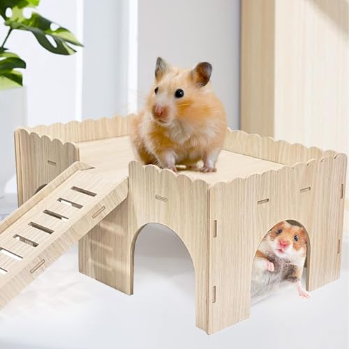 Chingcoo Meerschweinchen Haus, Groß Meerschweinchen Zubehör, Meerschweinchen Hamster Haus aus Holz, Kaninchenhaus, Meerschweinchen Spielzeug, Meerschweinchen Haus mit Rampe 4 Eingänge, 38 x 25 x 18 cm von Chingcoo