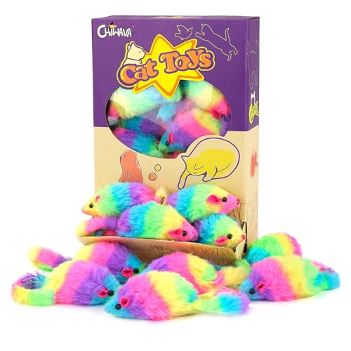 Chiwava 24 STK. 7,5cm Regenbogenfarbene pelzige Katzenspielzeug mäuse mit Rassel Kätzchen Maus Interaktives Spielen von Chiwava