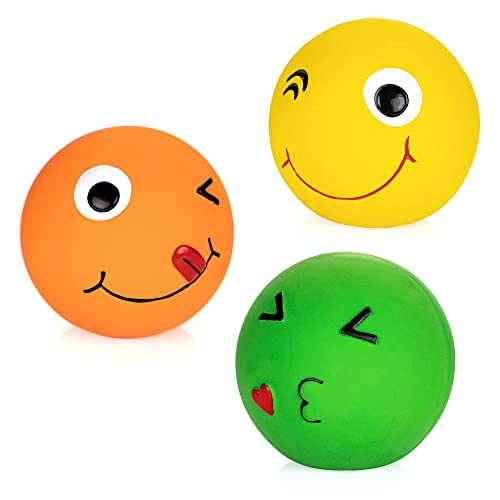 Chiwava 3 Stück 2,8 Zoll Latex Quietschendes Hundespielzeug Smiley Gesicht Runde Bälle Interaktives Abrufspiel für kleine mittlere Hunde Sortierte Farbe von Chiwava