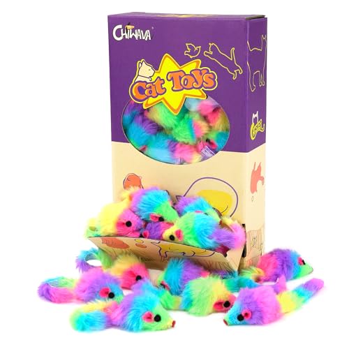 Chiwava 36 STK. 4,5cm Regenbogenfarbene pelzige Katzenspielzeug mäuse mit Rassel Kätzchen Maus Interaktives Spielen von Chiwava