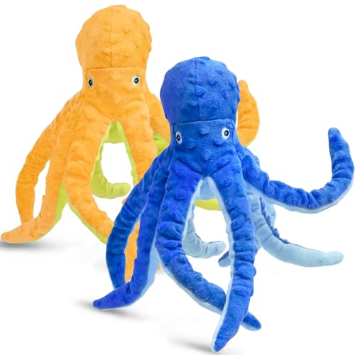 Chngeary 2 Pack Octopus Hundespielzeug für große Hunde, quietschendes Hundespielzeug mit lebendigem Oktopus-Aussehen, weichem Stoff und stabilem Hundespielzeug für Indoor-Spielen (Gelb + Blau) von Chngeary