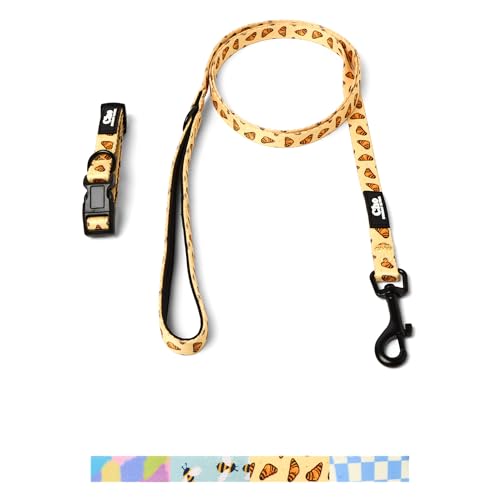 Set aus Hundeleine und Halsband – langlebig, verstellbar und wasserabweisend, mit lebendigen bunten Mustern (klein, beige Croissant) von Cho Sunday Ritual