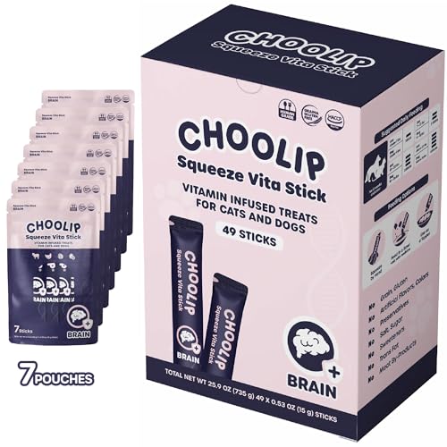 Choolip Squeeze Vita Stick Niedliche Katzen-Leckerlis angereichert mit Katzenvitaminen unterstützt das Gehirn 49 einzeln verpackte Katzenleckerlis, die Hunde auch essen können von Choolip