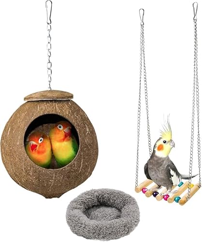 Chornow Vogelnest aus natürlicher Kokosnuss Schale, Hamster-Kokosfaser-Hängematte, hängende Vogelnesthöhlen, Schlafbereiche mit weichem Kissen und 1 Hamsterschaukel für Fink,Papageien, Wellensittiche von Chornow