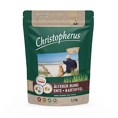 Christopherus Grainfree Senior, Vollnahrung für futtersensible Hunde ab dem 6. Jahr, Trockenfutter, Ente + Kartoffel, Krokettengröße ca. 1 cm, Älterer Hund, 1,5 kg von Christopherus