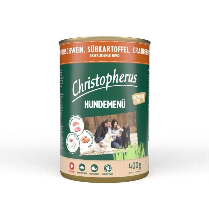 Christopherus Hundemenü mit Wildschwein, Süßkartoffel und Cranberry 12x400g von Christopherus